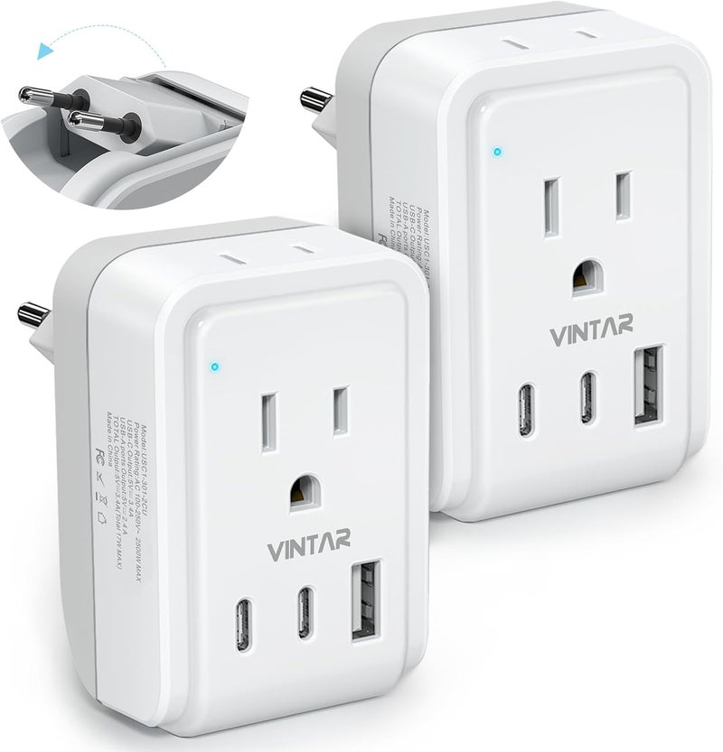 VINTAR محول سفر أوروبي 2 حزمة، محول طاقة دولي قابل للطي مع 2 مخرج AC و 3 منافذ شحن USB (2 USB C) ، محول طاقة نوع C لمعظم دول أوروبا إيطاليا إسبانيا فرنسا آيسلندا ألمانيا - Image 1